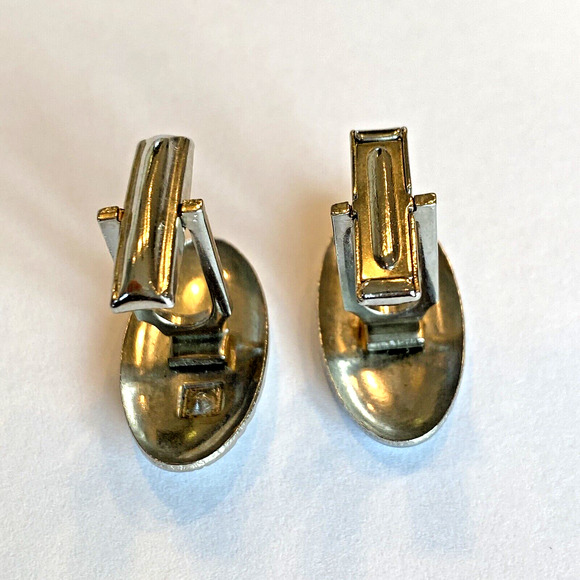 Vintage Mid Century Cufflinks Atomic Age Jewelry Silvertone & White Rhinestone - Picture 4 of 7
